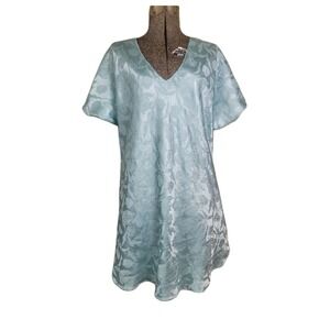 Vintage 70s Tulip Flower Nightgown‎ Teal Baby Blue Short Babydoll Volup 2X XL